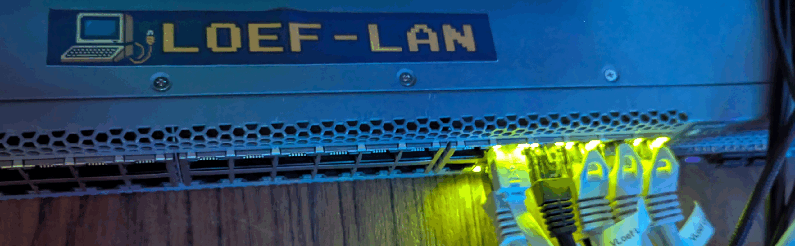 LOEF-LAN netwerkswitch met knipperende poorten en aangesloten kabels voor een LAN-party setup.