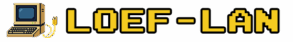 Logo van Loef-LAN met een retro computer in pixel-art stijl en het woord 'LOEF-LAN' in gele letters op een transparante achtergrond.