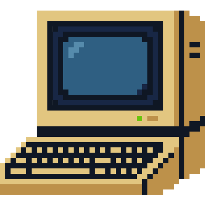 Pixel art afbeelding van een retro computer, verwijzend naar het thema van gaming en LAN-party's zoals Loef-LAN.