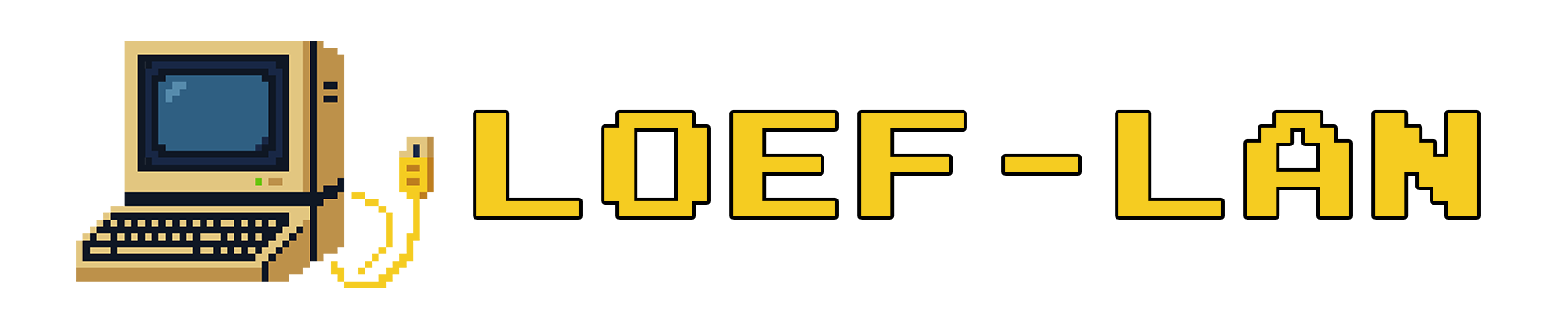 Logo van Loef-LAN met een retro computer in pixel-art stijl en het woord 'LOEF-LAN' in gele letters op een transparante achtergrond.