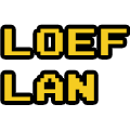 Logo van Loef-LAN met het woord 'LOEF-LAN' in gele letters op een transparante achtergrond.